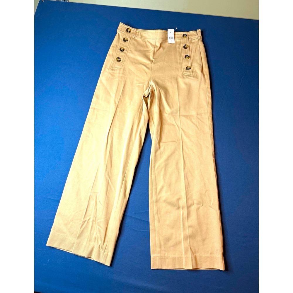 Ann Taylor Beige Cotton Twill High Rise Wide Leg Pants Pockets Button 4